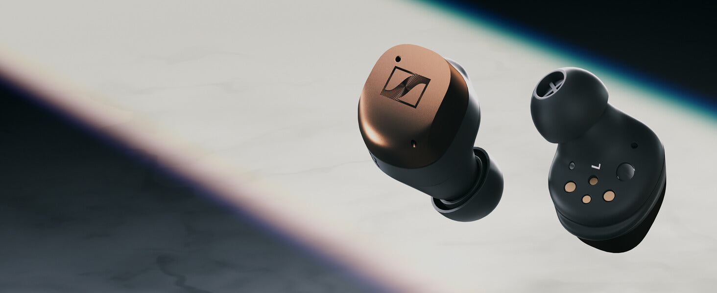 Sennheiser MOMENTUM True Wireless 4 earbuds in Black Copper color with Adaptive ANC and Bluetooth 5.4, showcasing their sleek design.