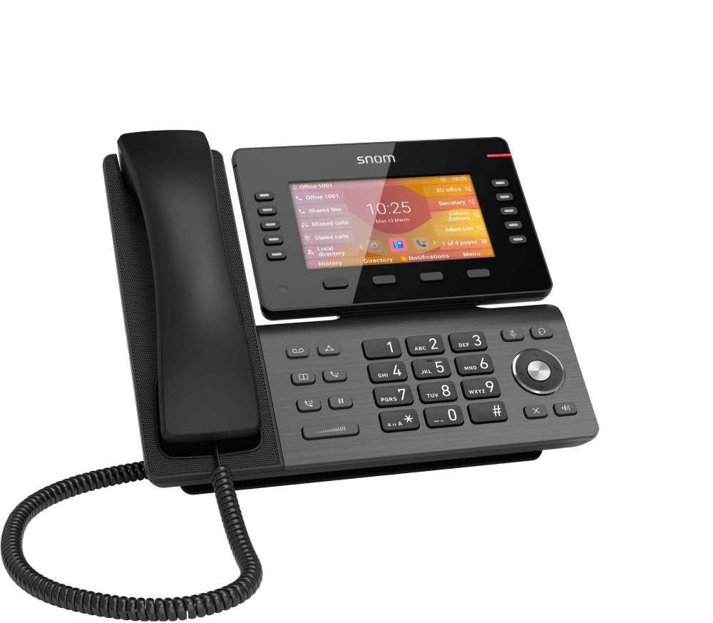 Snom D865 12-line SIP phone with a 5-inch colour display, showcasing its sleek design and functionality.