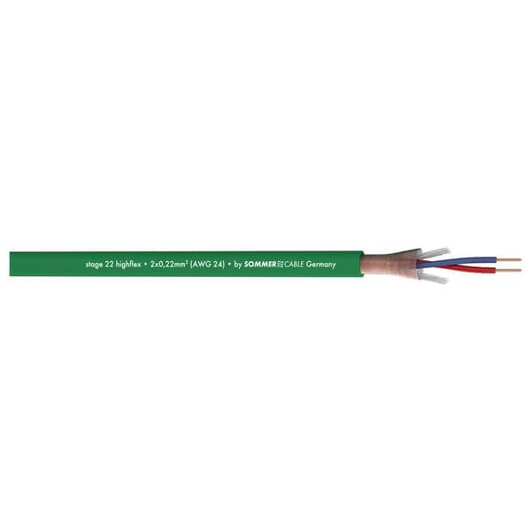 Sommer Cable Microphone Cable Stage 22 Highflex in black color, featuring two conductors of 0.22 mm² and a PVC outer diameter of 6.40 mm.