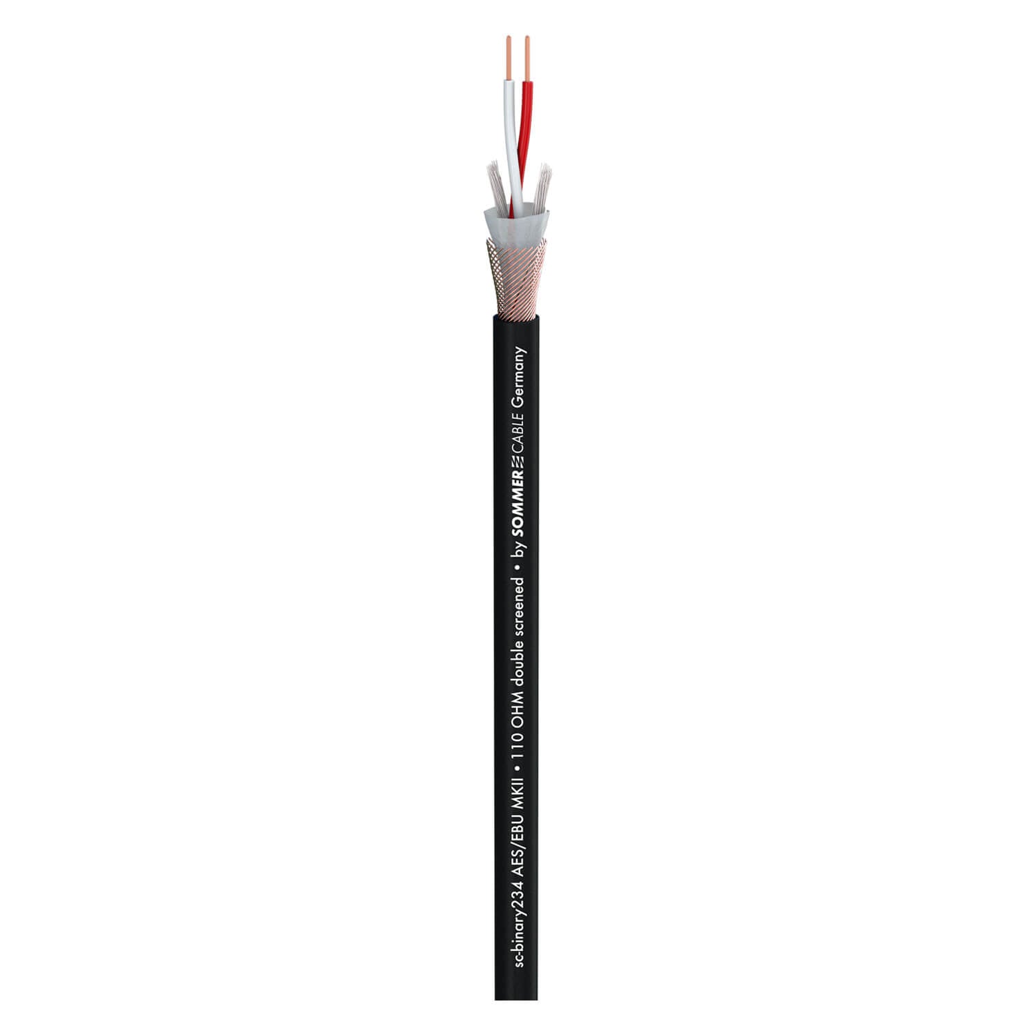 SOMMER CABLE DMX BINARY 234 AES/EBU MKII cable with 2 x 0.34 mm² conductors, featuring a black PVC jacket, suitable for data transmission over 1000 meters.