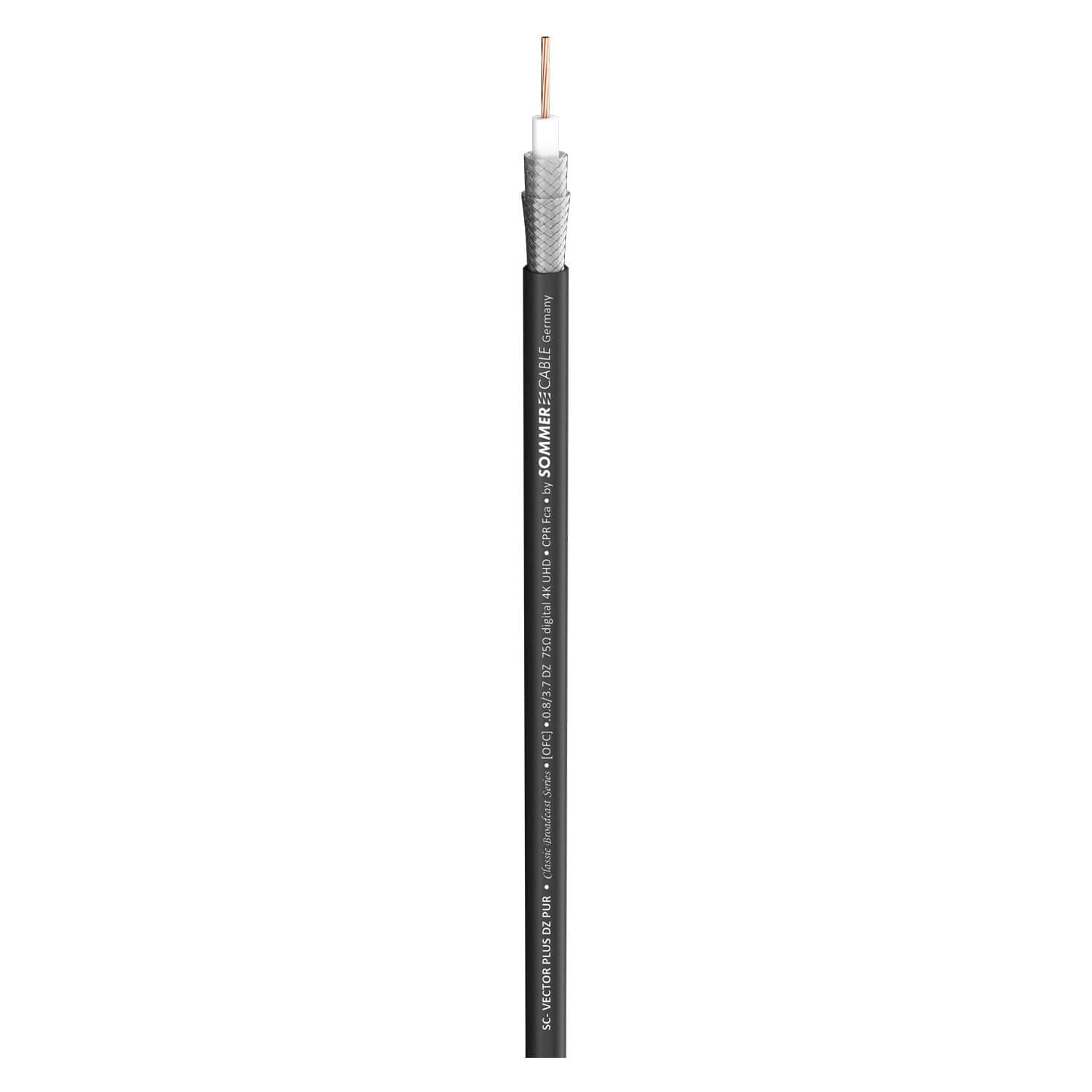 Sommer Cable SC-VECTOR PLUS 0.8L/3.7DZ UHD Video Cable with Neutrik NBNC75BJP9X Connector in black color.