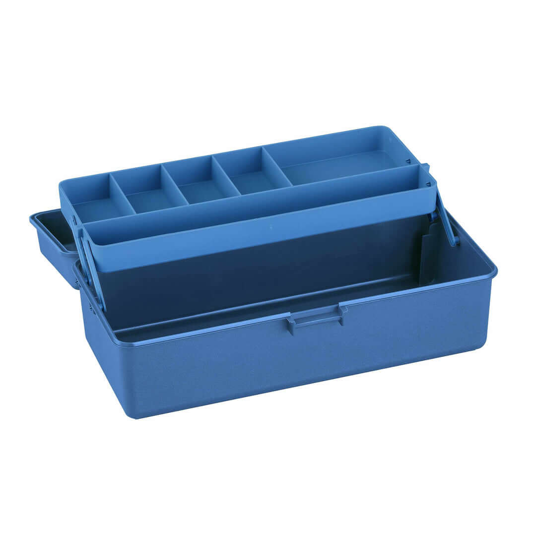 Interior view of the SP PAN 141 Blue Polypropylene Tackle Box featuring one shelf and six compartments.