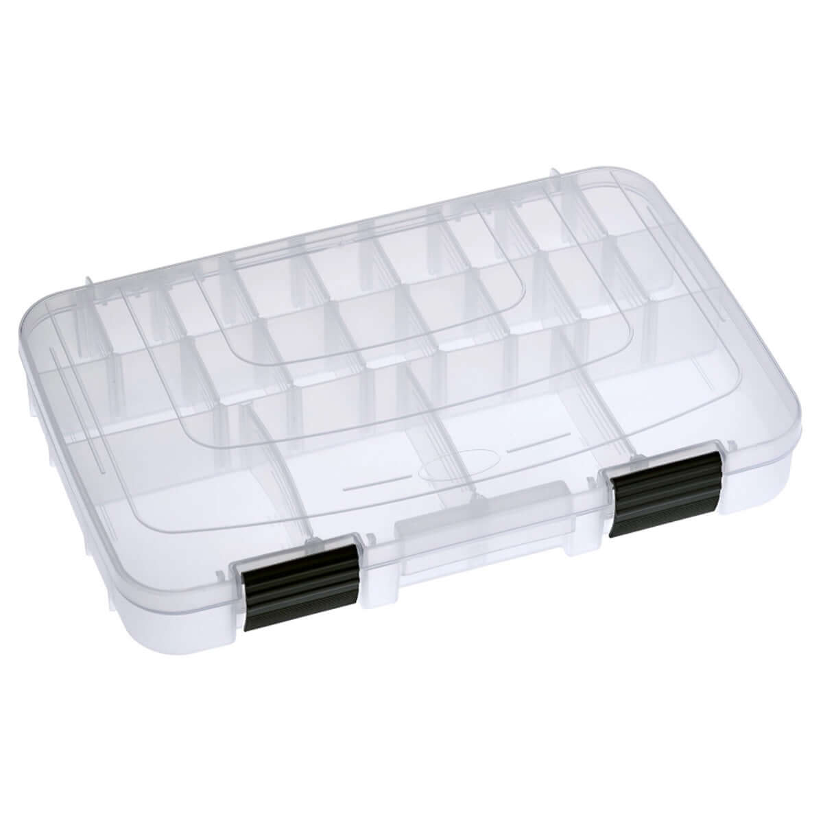Transparent polypropylene organiser box with adjustable compartments, designed for versatile storage solutions.