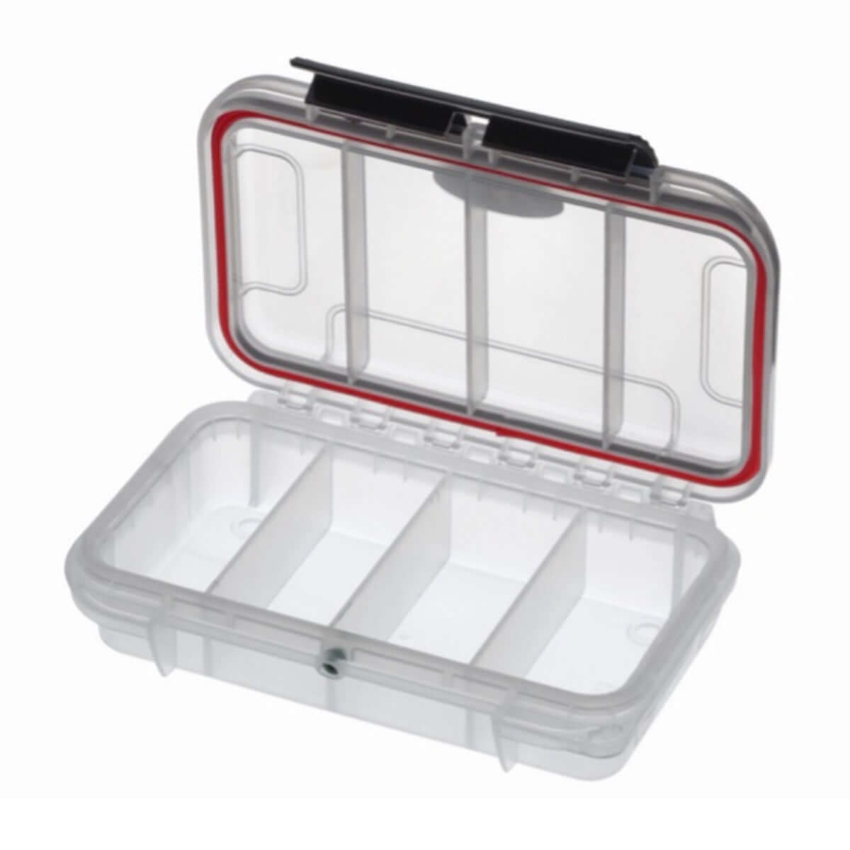 SP PRO 001C Transparent Case with 4 Compartments, showcasing its waterproof design and utility features.