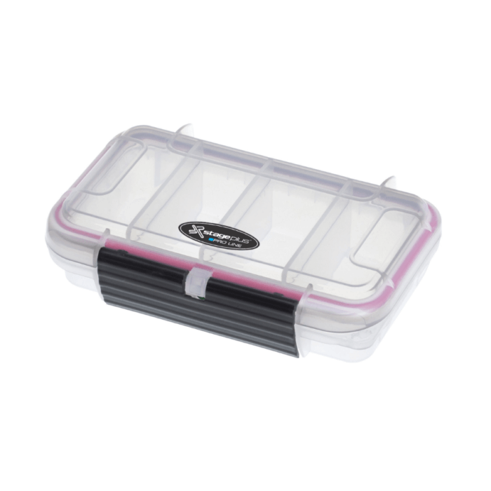 Stage Plus PRO 001FLY Transparent Waterproof Organiser Box with Micro-Slit EVA Foam displayed on a white background.