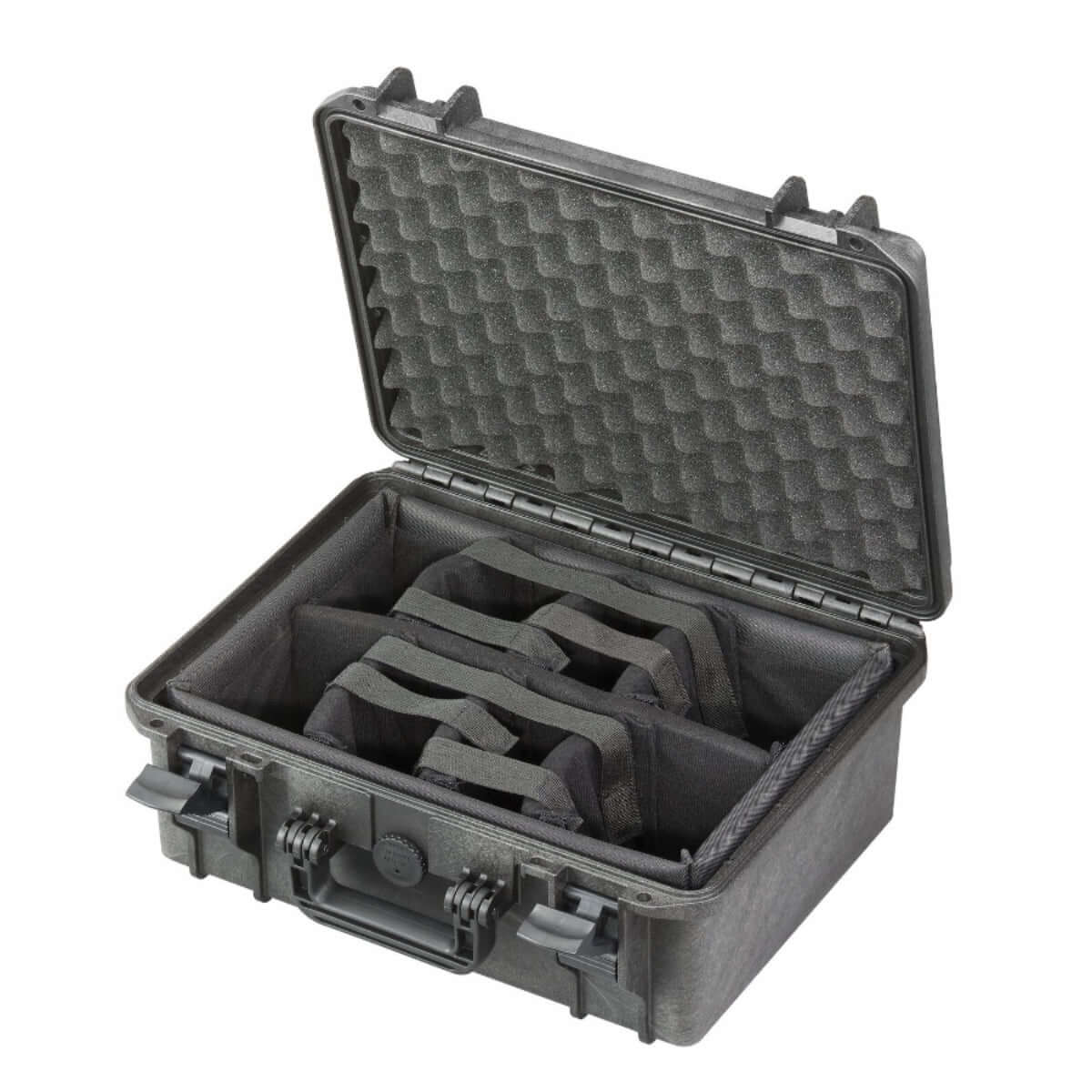 SP PRO 380H160 black carry case with convoluted foam lid, designed to be waterproof and impact-resistant, featuring IP67 certification.
