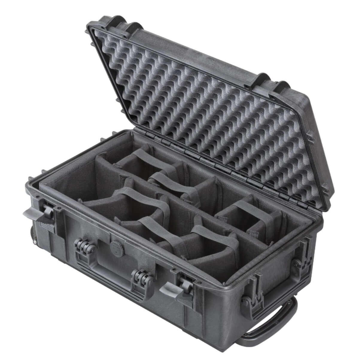 SP PRO 520CAMTR Black Trolley Case with padded dividers, showcasing its IP67 certified watertight protection for sensitive equipment.