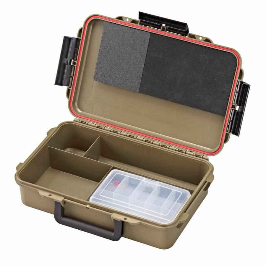 Image of the PANARO PRO CAPTURE004 Sahara Waterproof Organiser Box featuring 4 fixed compartments, open to display its interior.