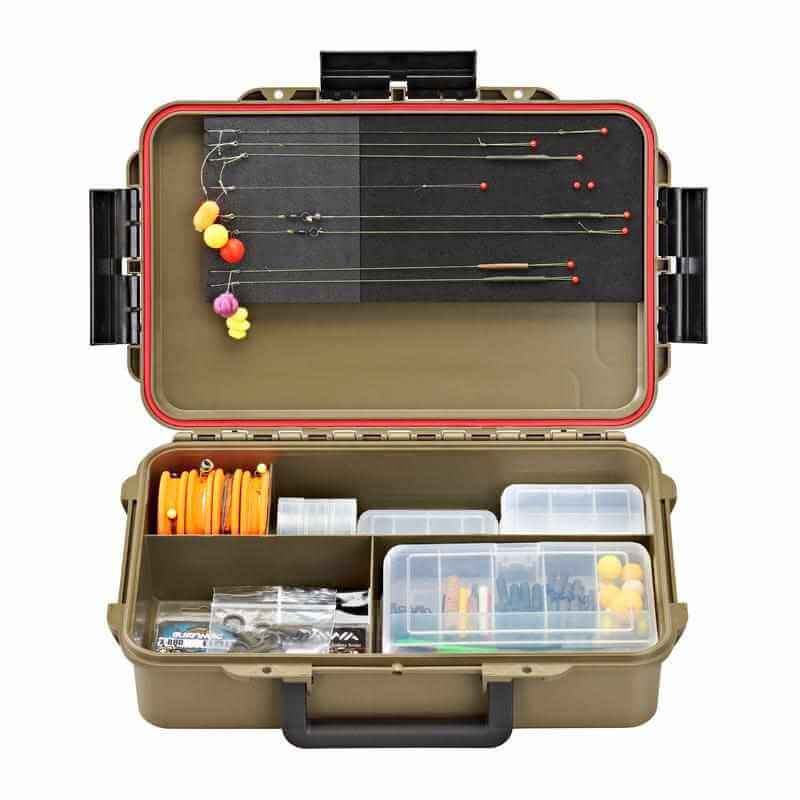 Sahara Waterproof Organiser Box with 4 Fixed Compartments, showcasing an open view with organized fishing gear.