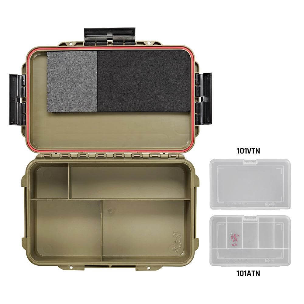 Image of the PANARO PRO CAPTURE004 Sahara Waterproof Organiser Box with 4 fixed compartments, showcasing its open design and extra boxes.
