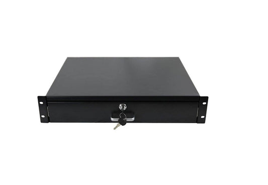 Stage Plus 2U 19-Inch Rack Drawer in black with lock, 350mm deep, suitable for storing equipment in a rack.