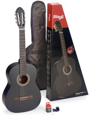 Stagg C430 M BK Pack - 3/4 size black linden classical guitar with bag and tuner.