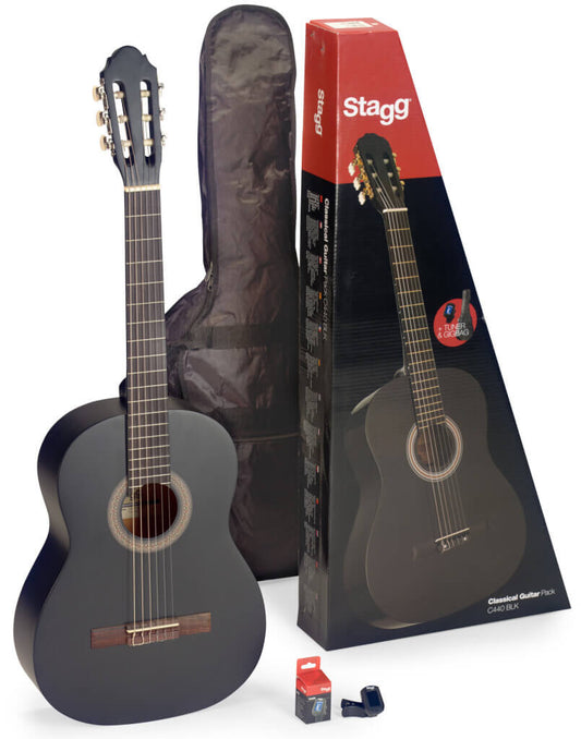 Stagg C440 M BK Pack - 4/4 Size Black Linden Classical Guitar with Bag, Tuner, and Accessories