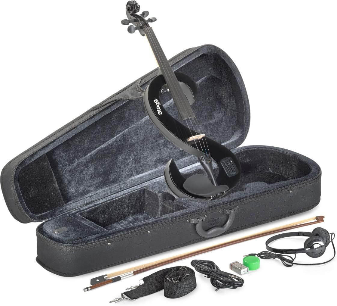 Stagg EVN 44 BK - 4/4 Size Electric Violin in Black with 2-Band EQ, Headphone Output, and Soft Case
