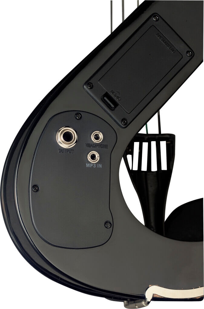 Stagg EVN 44 BK electric violin in black color, featuring a 2-band EQ, headphone output, and a soft case.