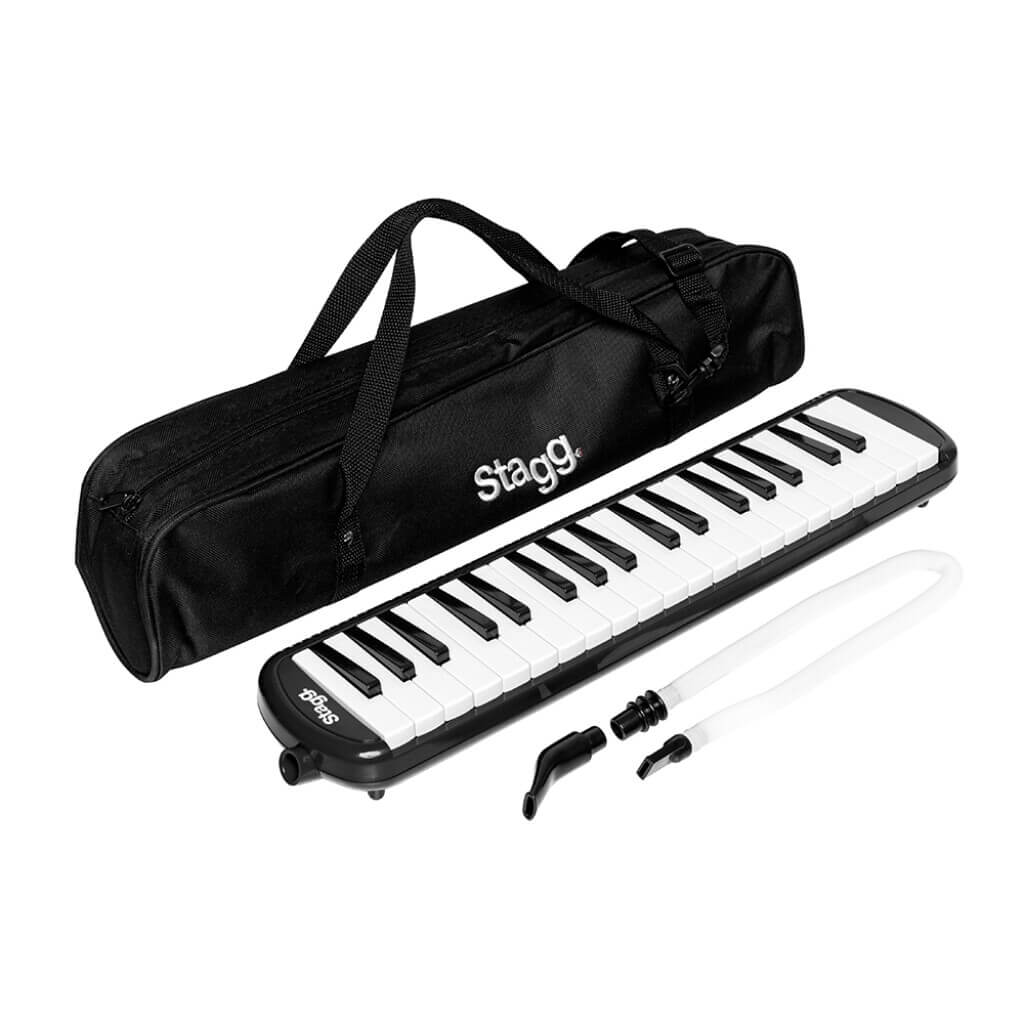 Stagg MELOSTA37 BLK 37-Key Melodica in black with mouthpiece, flexible tube, and carry bag.