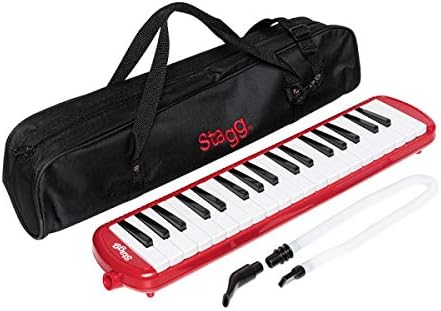 Red Stagg MELOSTA37 RD 37-Key Portable Reed Keyboard Melodica with mouthpiece, tube, and carrying bag.