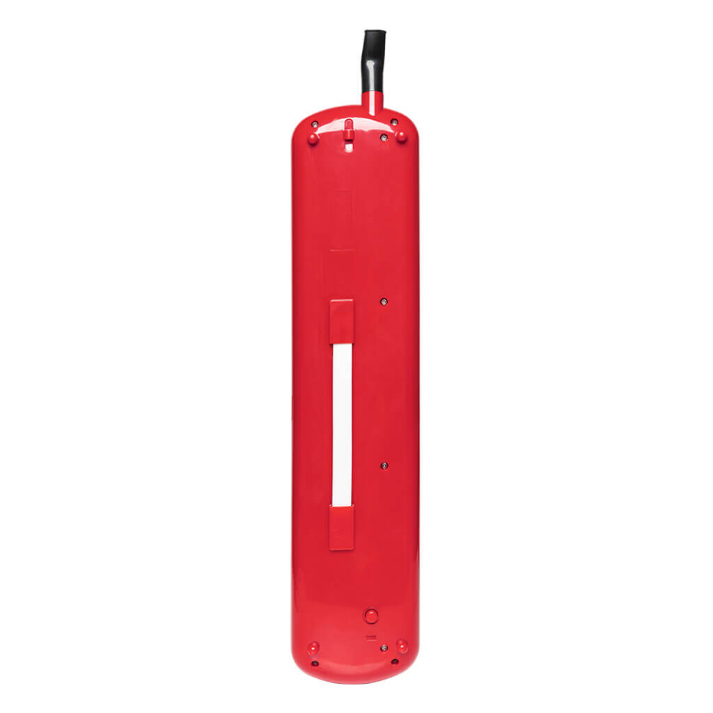 Red Stagg MELOSTA37 RD 37-Key Portable Reed Keyboard Melodica with mouthpiece, tube, and bag.