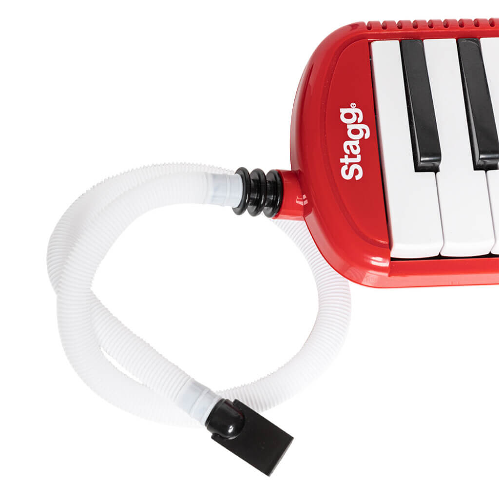 Stagg MELOSTA37 RD - 37-Key Portable Reed Keyboard Melodica in red color, accompanied by mouthpiece, tube, and carrying bag.
