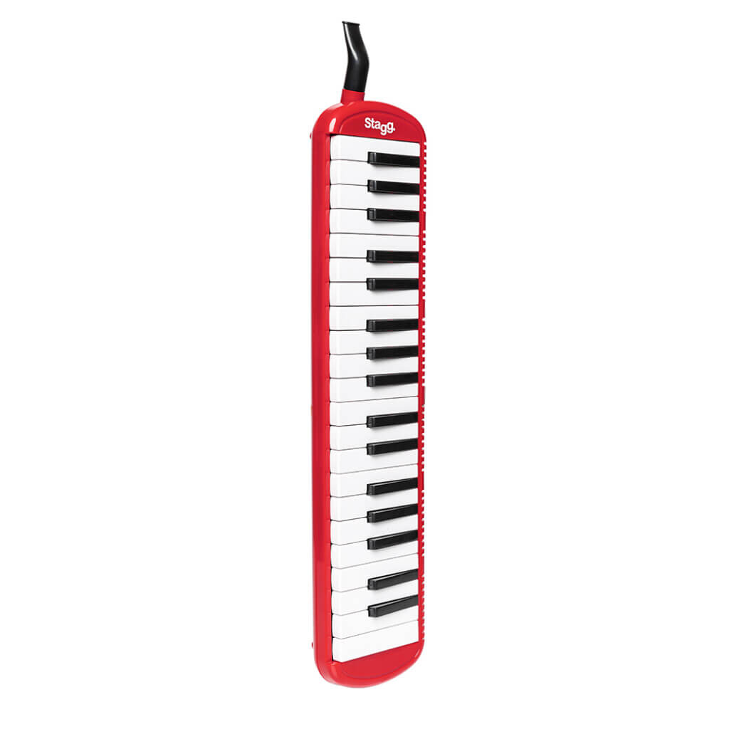 Red Stagg MELOSTA37 RD 37-Key Portable Reed Keyboard Melodica with mouthpiece, tube, and bag.