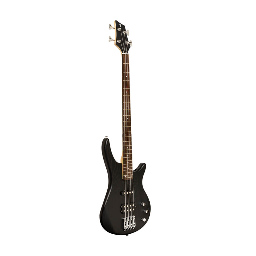 Stagg SBF40 BLK Fusion 40 satin finished electric bass guitar in black, showcasing a full-size 4-string design.
