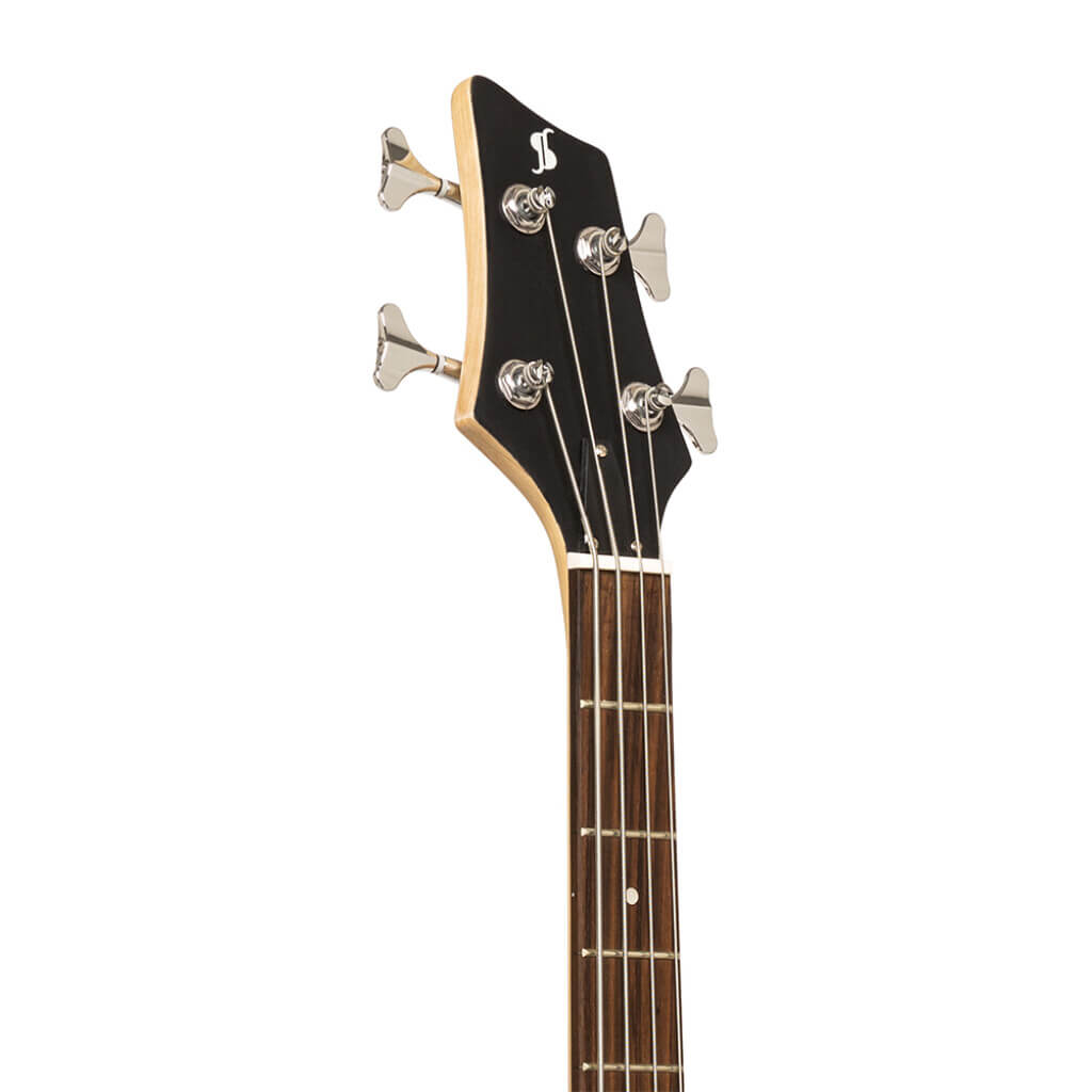 Stagg SBF40 BLK Fusion 40 Satin Finished Electric Bass Guitar in black color, showcasing its full size and 4-string design.