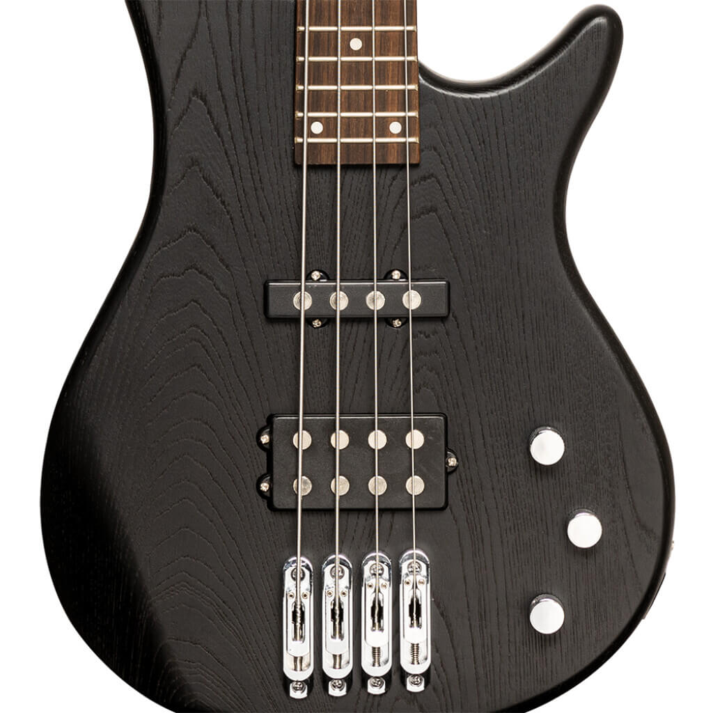 Stagg SBF40 BLK Fusion 40 Satin Finished Electric Bass Guitar in black color, showcasing a full-size 4-string design.