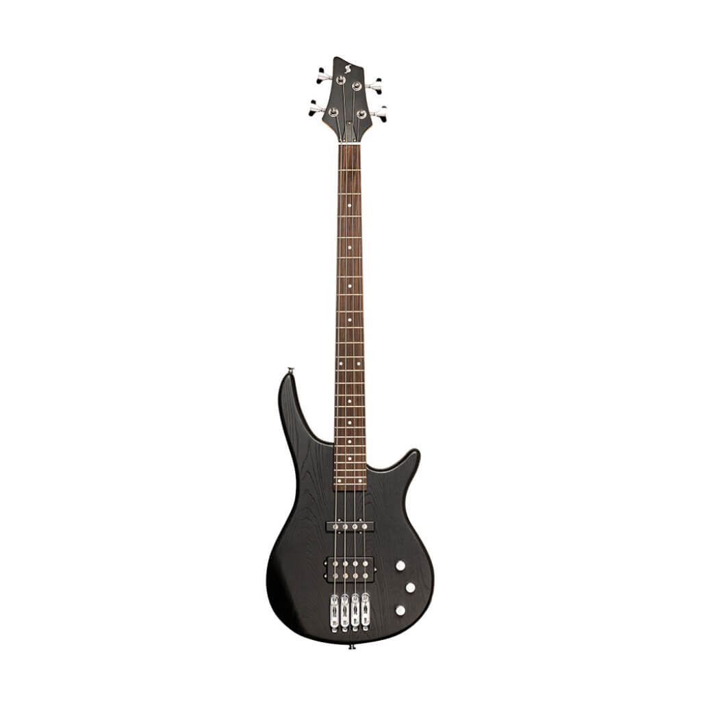 Stagg SBF40 BLK Fusion 40 Satin Finished Electric Bass Guitar in Black, showcasing a full size 4-string design.