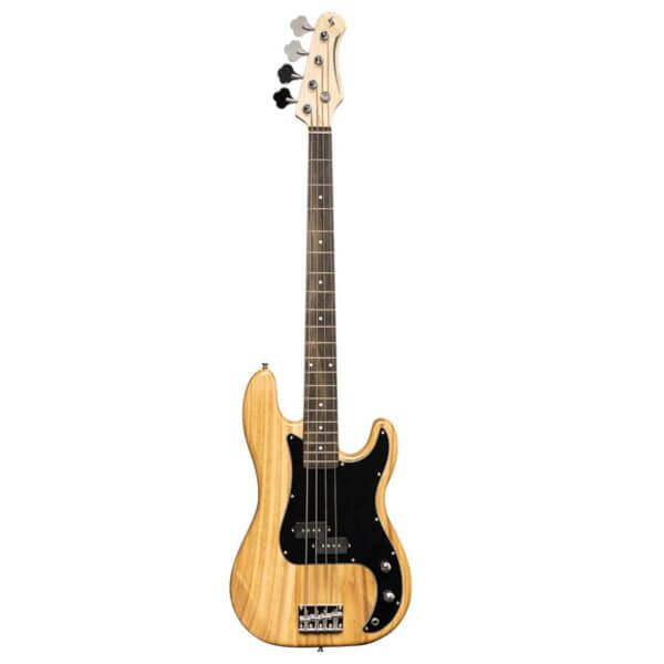 Stagg SBP30 NAT Standard 'P' Style Electric Bass Guitar in Natural Finish, showcasing the front view of the instrument.
