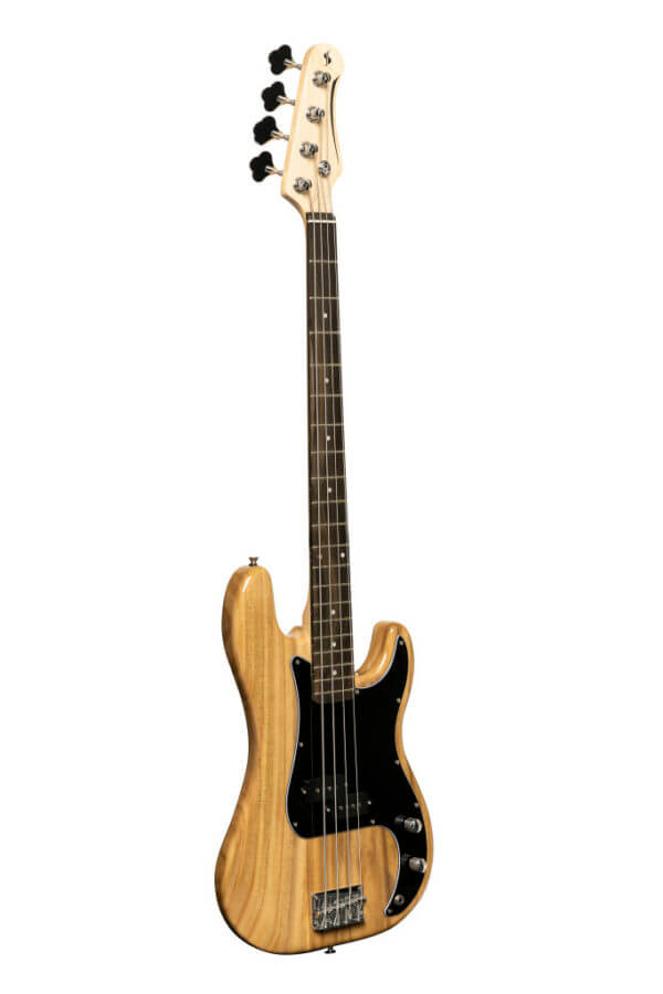 Stagg SBP30 NAT Standard 'P' Style Electric Bass Guitar in Natural Finish, showcasing its sleek design and natural wood grain.