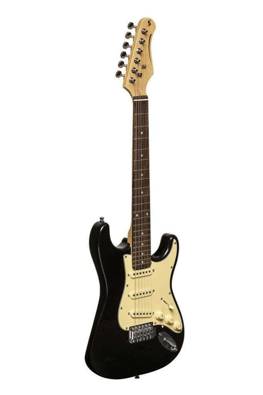 Black Stagg SES30 BK 3/4 Standard 'S' Style Electric Guitar displayed on a white background.