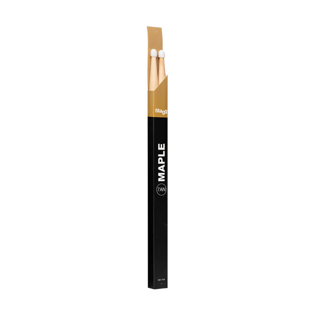 Stagg SM7AN maple drum sticks with nylon tips, showcasing a pair of drumsticks designed for drummers.
