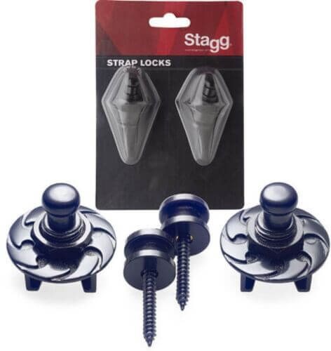 Black strap locks designed for securing guitar, bass, mandolin, and banjo instruments.