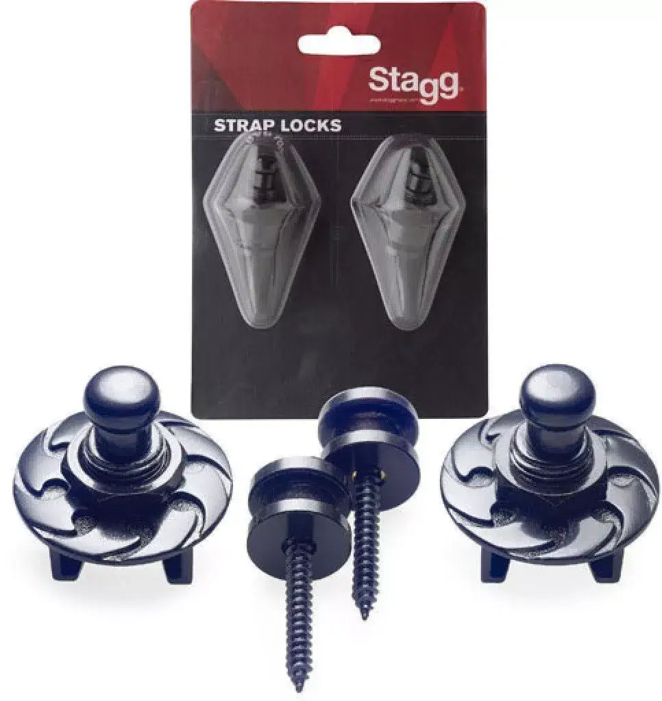 Black strap locks for guitar, bass, mandolin, and banjo by Stagg, designed for secure instrument attachment.