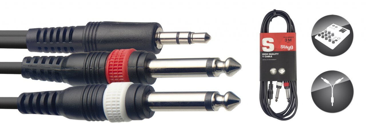 Stagg SYC3 MPSB2P E 3m Mini Stereo to Dual 1/4" Audio Cable with Mini Jack Male to Dual Jack Male Connectors