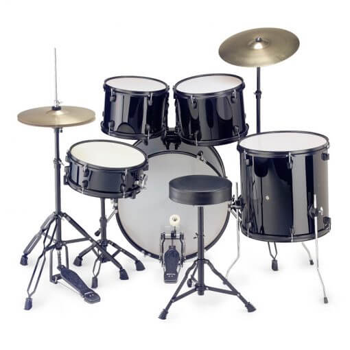 Stagg TIM122B BK 5-Piece 22 inch Drum Set with Hardware, Cymbals, and Throne in Black color.