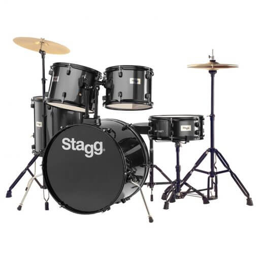 Stagg TIM122B BK 5-Piece 22-inch Drum Set in Black with hardware, cymbals, and throne.