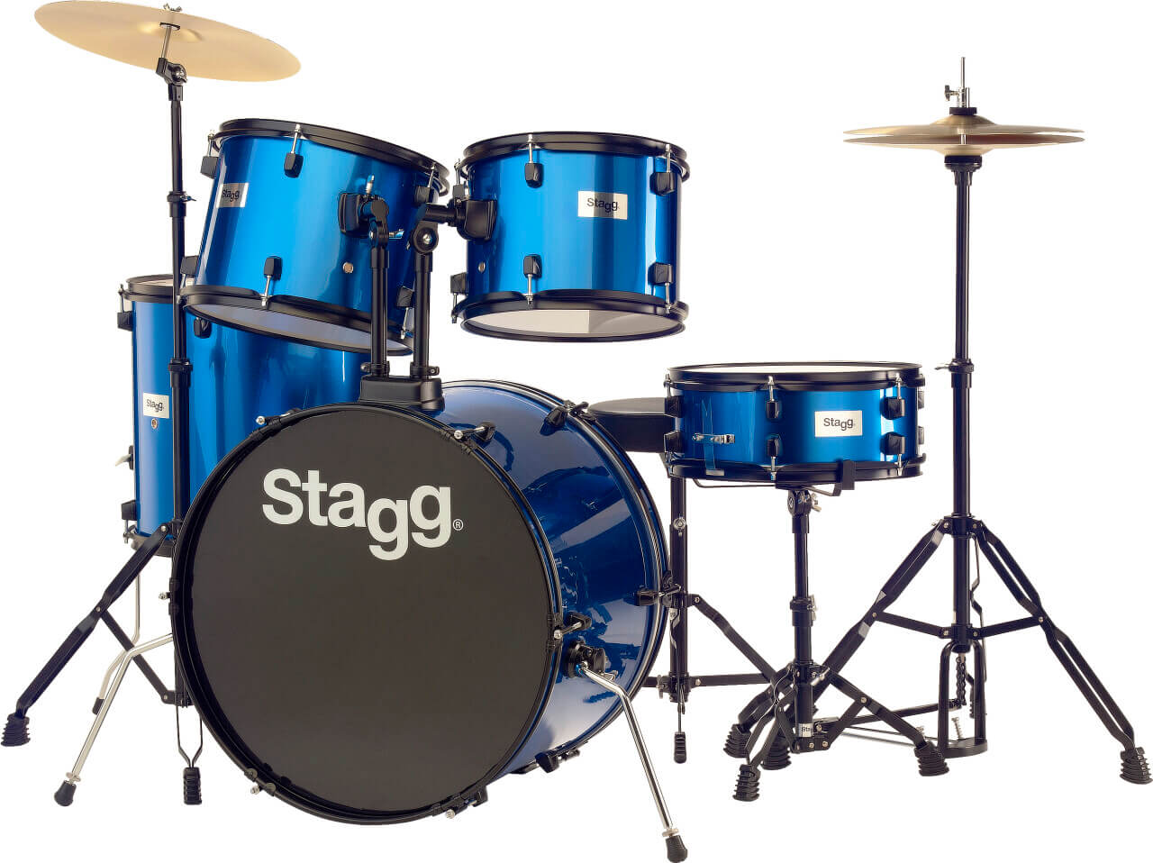 Stagg TIM122B BL 5-Piece 22 inch Drum Set in Blue with hardware, cymbals, and throne.