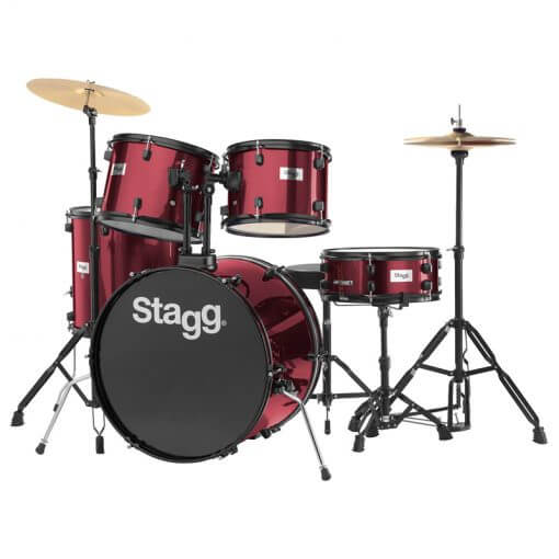 Stagg TIM122B WR 5-Piece 22-inch drum set in wine red color, complete with hardware, cymbals, and throne.