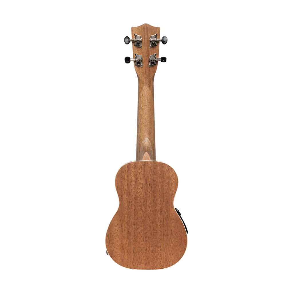 Electric soprano mahogany ukulele by Stagg with a gigbag, showcasing its elegant design and craftsmanship.