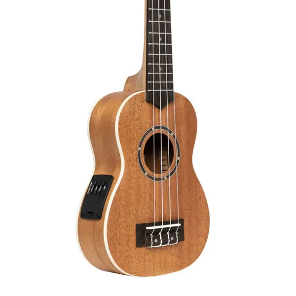 Stagg US 30 E electric soprano mahogany ukulele with gigbag displayed on a white background.