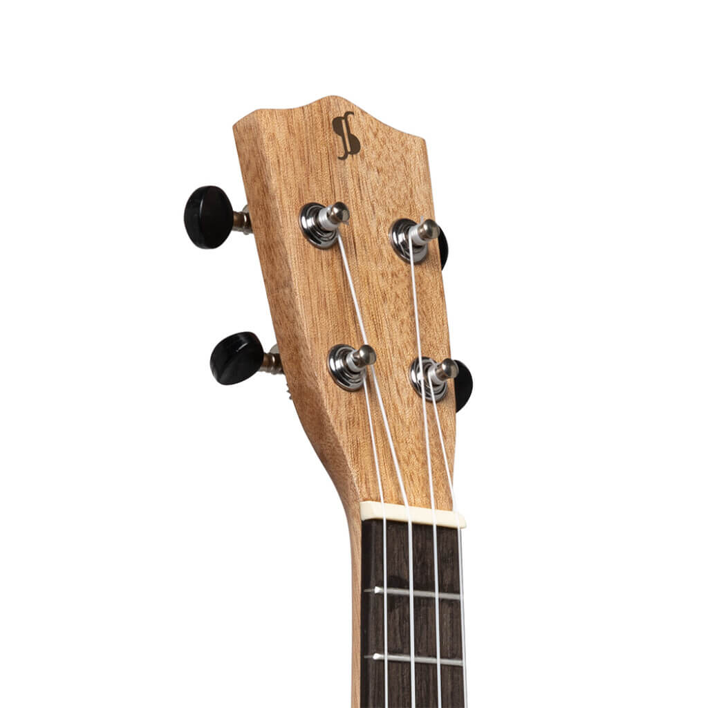 Electric soprano mahogany ukulele by Stagg, model US 30 E, displayed with its gigbag.