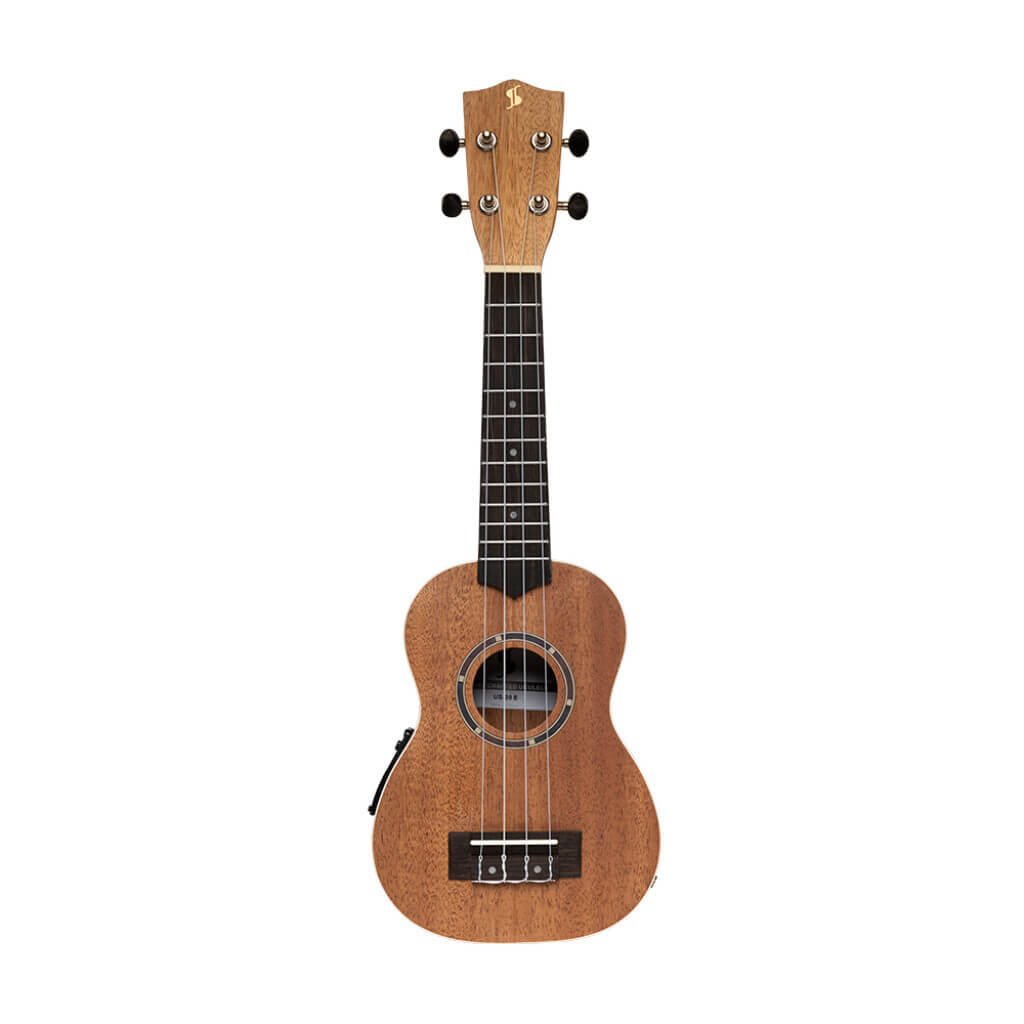 Image of the Stagg US 30 E Electric Soprano Mahogany Ukulele with a gigbag, showcasing its elegant design and craftsmanship.