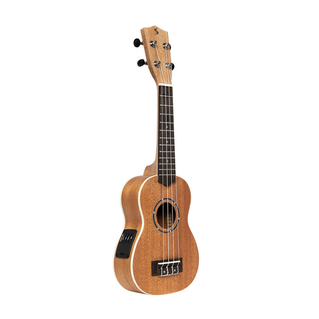 Electric soprano mahogany ukulele by Stagg with a gigbag, showcasing its design and craftsmanship.