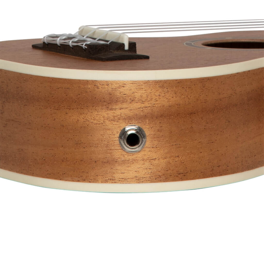 Electric soprano mahogany ukulele with gigbag, model Stagg US 30 E, displayed in an artistic setting.