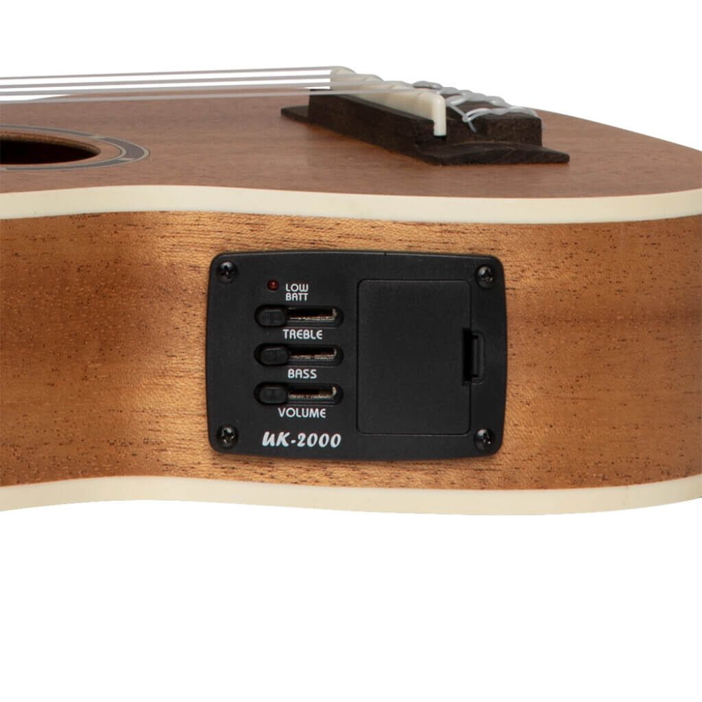 Electric soprano mahogany ukulele by Stagg, model US 30 E, displayed with a gigbag.