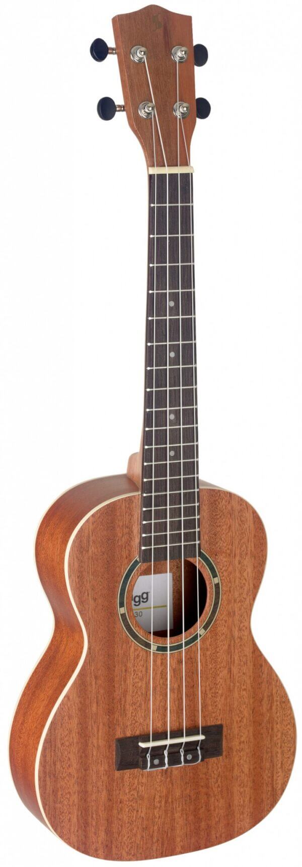 Stagg UT 30 tenor ukulele made of mahogany, accompanied by a gigbag, displayed in an upright position.