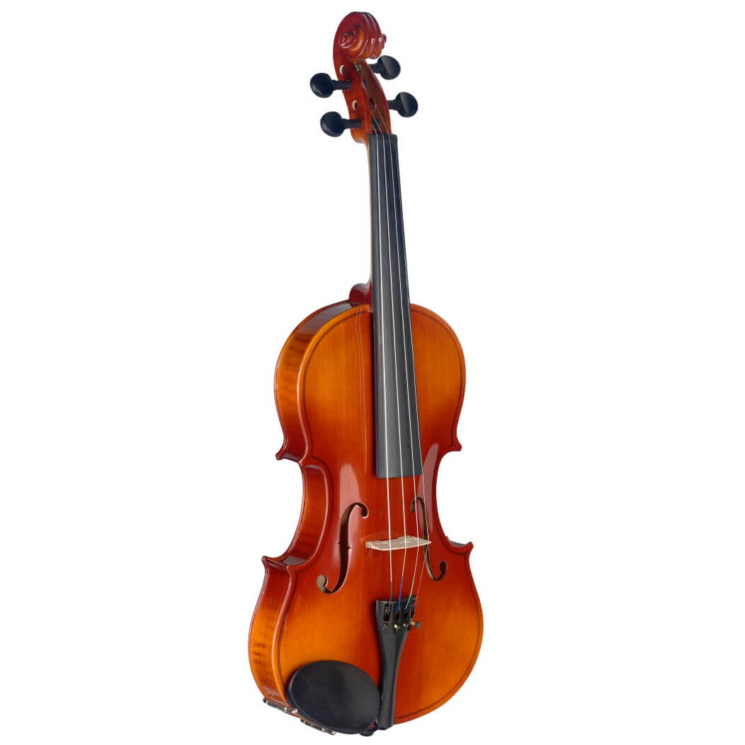 Stagg VN44 L 4/4 size violin made of layered tonewood, displayed with a soft case.