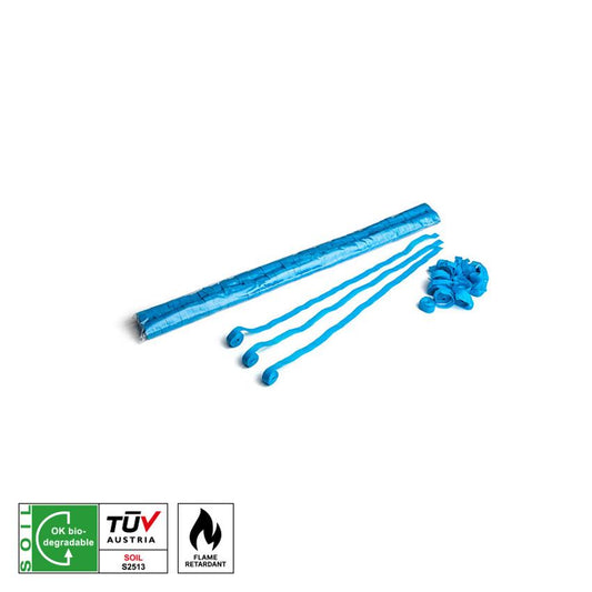 Light blue biodegradable and flame retardant streamers, 5 meters long and 0.85 centimeters wide, displayed in a vibrant setting.