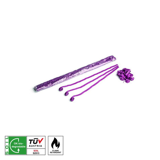 Biodegradable purple streamers for events, measuring 5 meters by 0.85 centimeters, displayed in an attractive setting.